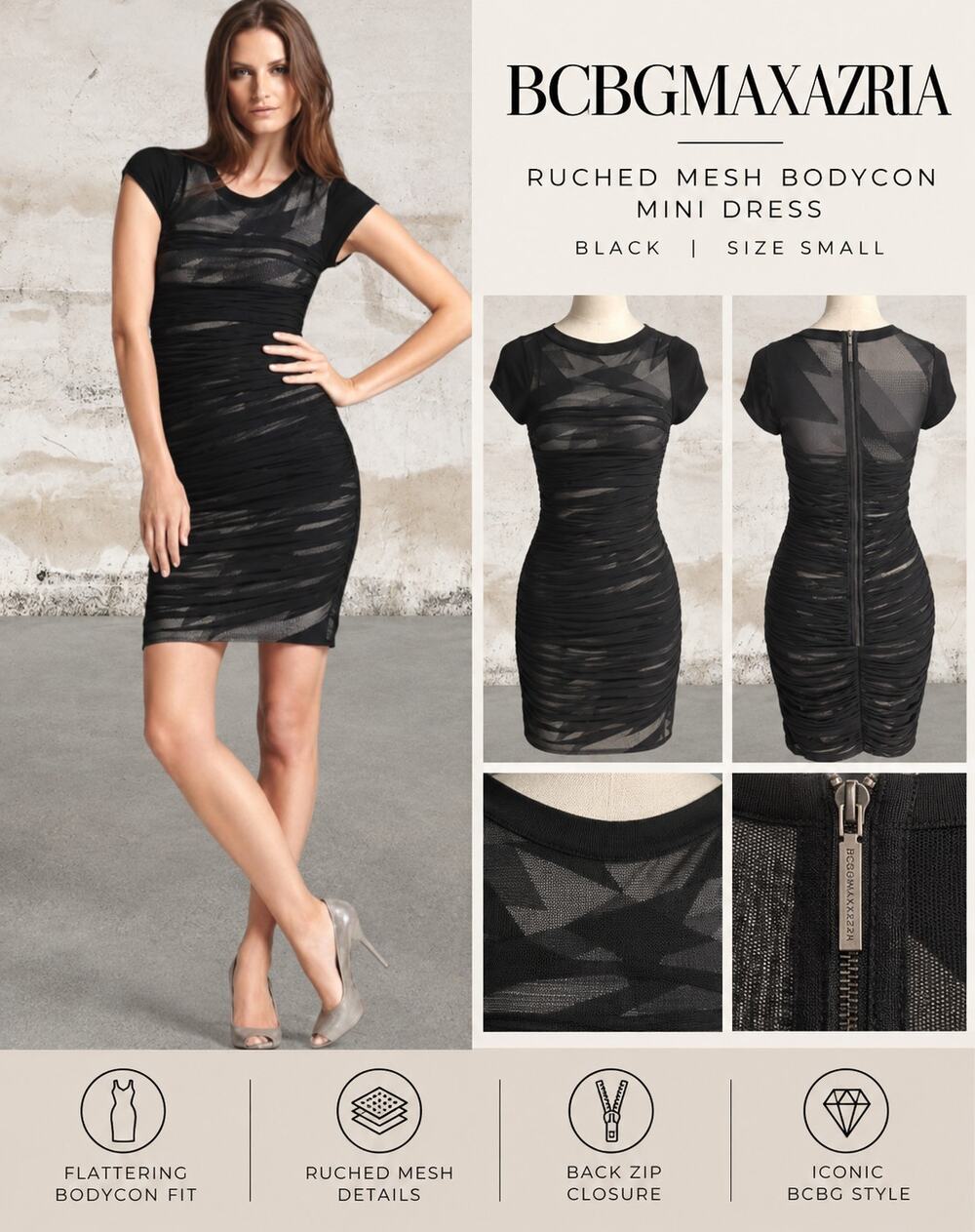 BCBGMaxazria Womens Black Ruched Mesh Bodycon Mini Dress Size Small